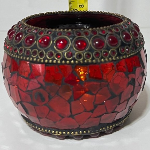 Radiant Elegance: Retro Mosaic Candle Holder / Vase with Brass & Rhinestone Trim - Picture 11 of 13
